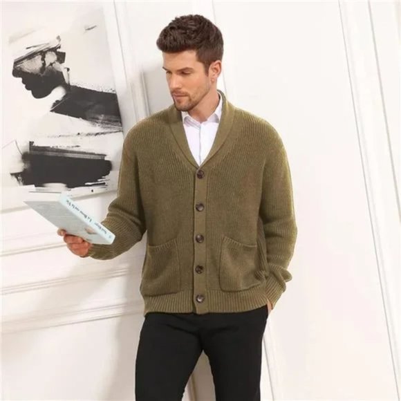 New Mens Cardigan Sweater Soft Khaki - Picture 2 of 4